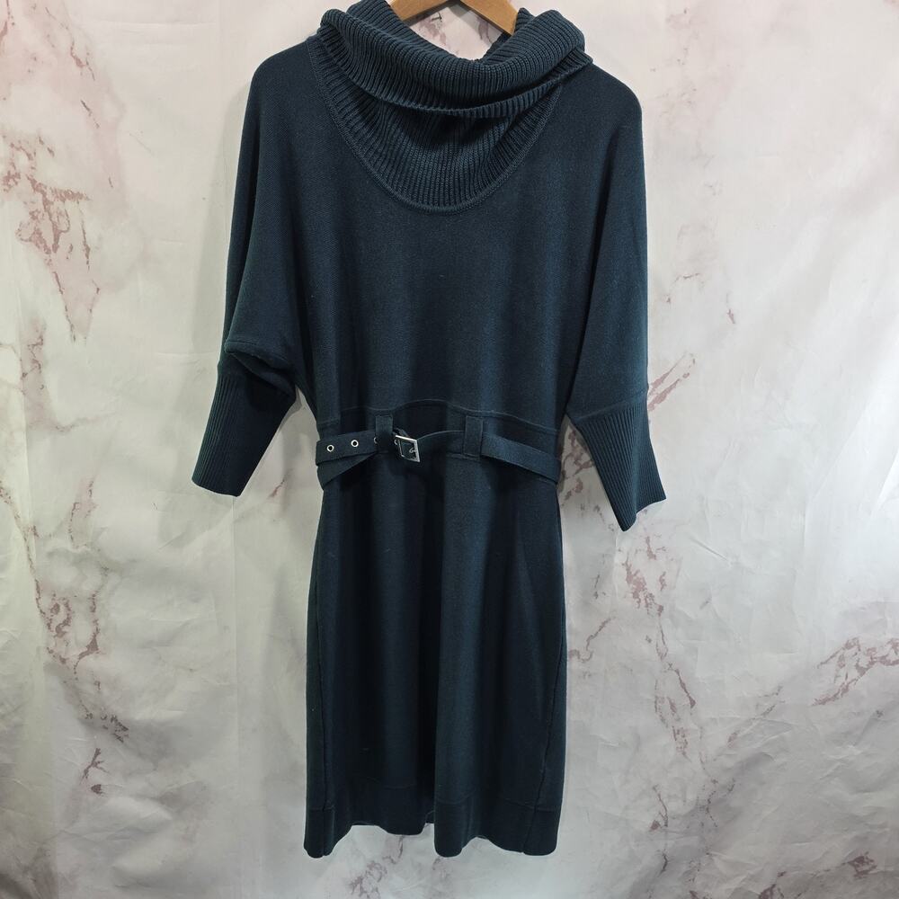 Eliza J Dress Womens Medium Green Sweater Belted Cowl Dark Forest Batwing